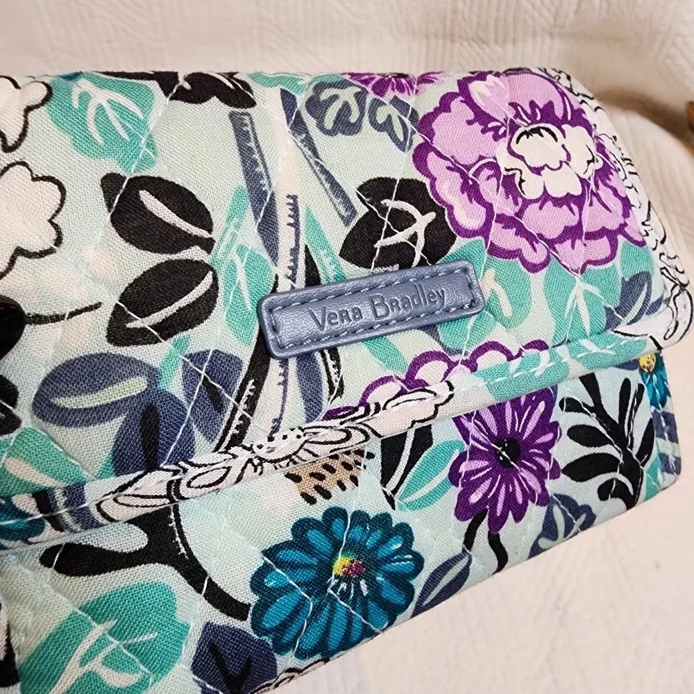 Vera Bradley Penelope's Garden tri-fold‎ wallet. Blue green purple floral.
